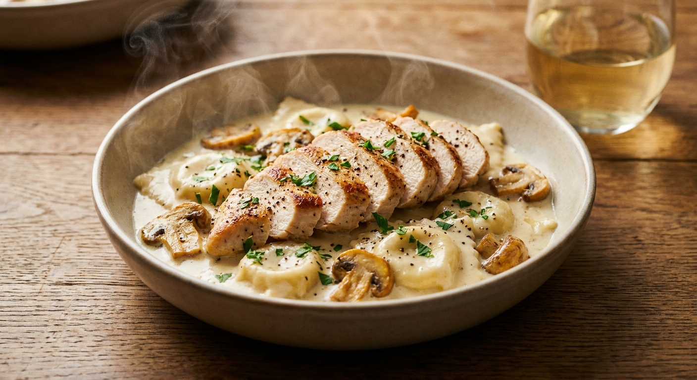 chicken alfredo with mushroom and mascarpone cheese ravioli